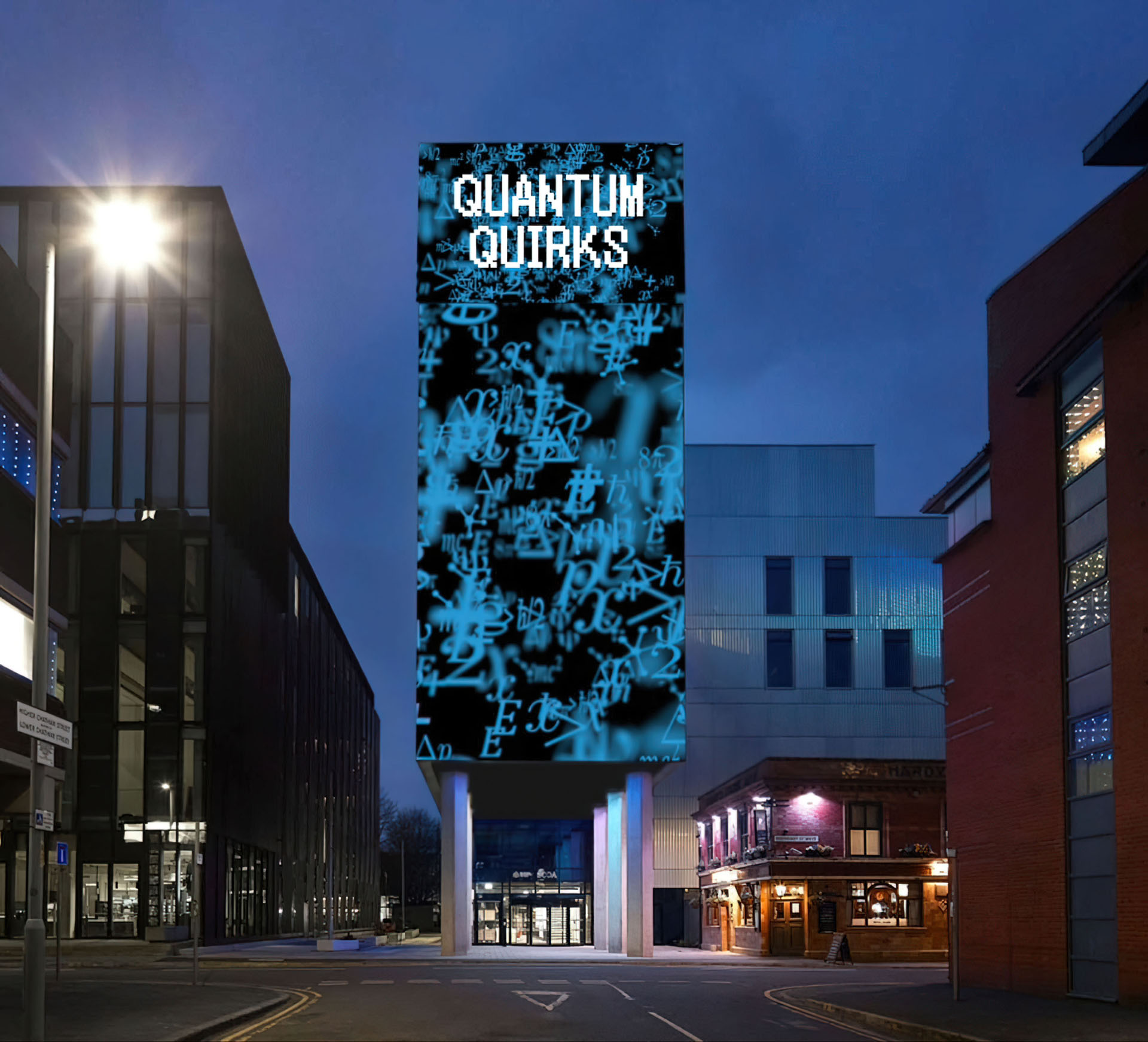 Giuliana Cunéaz, Quantum Quirks, 2024, video projection (render), SODA, Manchester