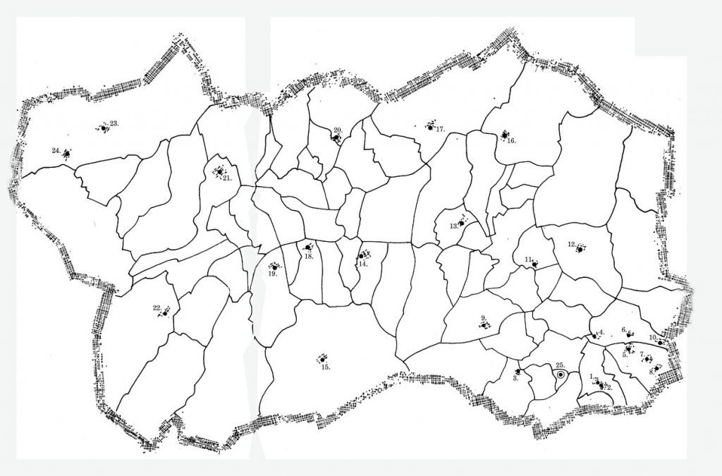 Il Silenzio delle Fate, 1990, mappa con i 24 luoghi dell’installazione permanente